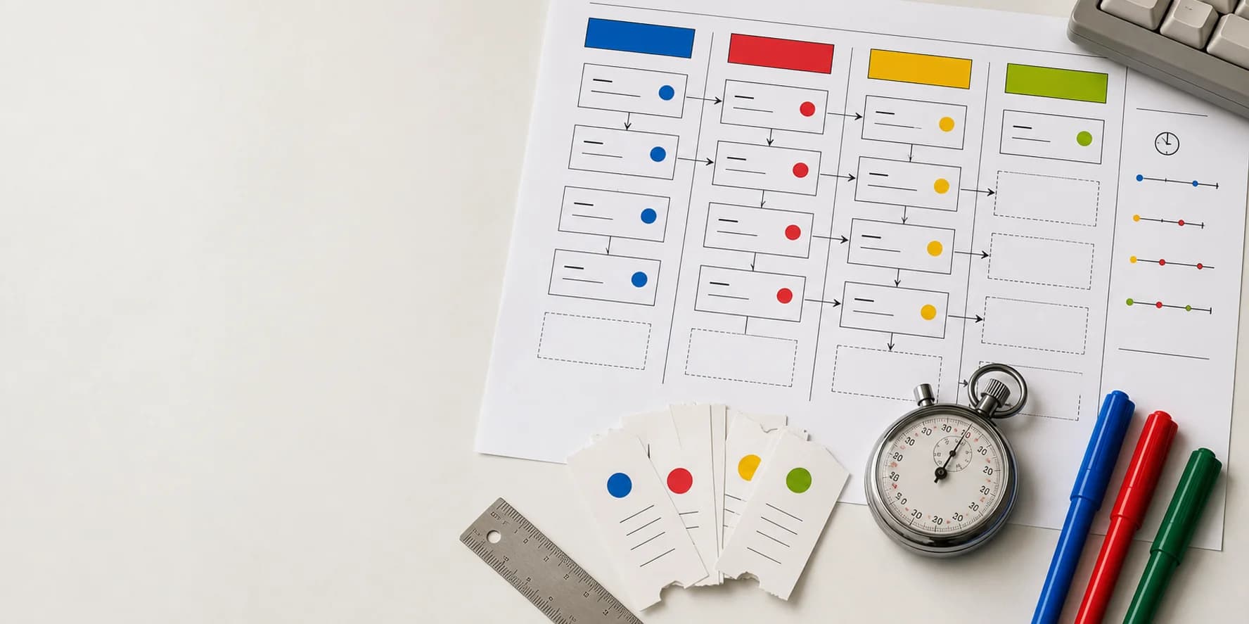 Tableau de tâches, tickets et chronomètre pour mesurer des temps d'attente
