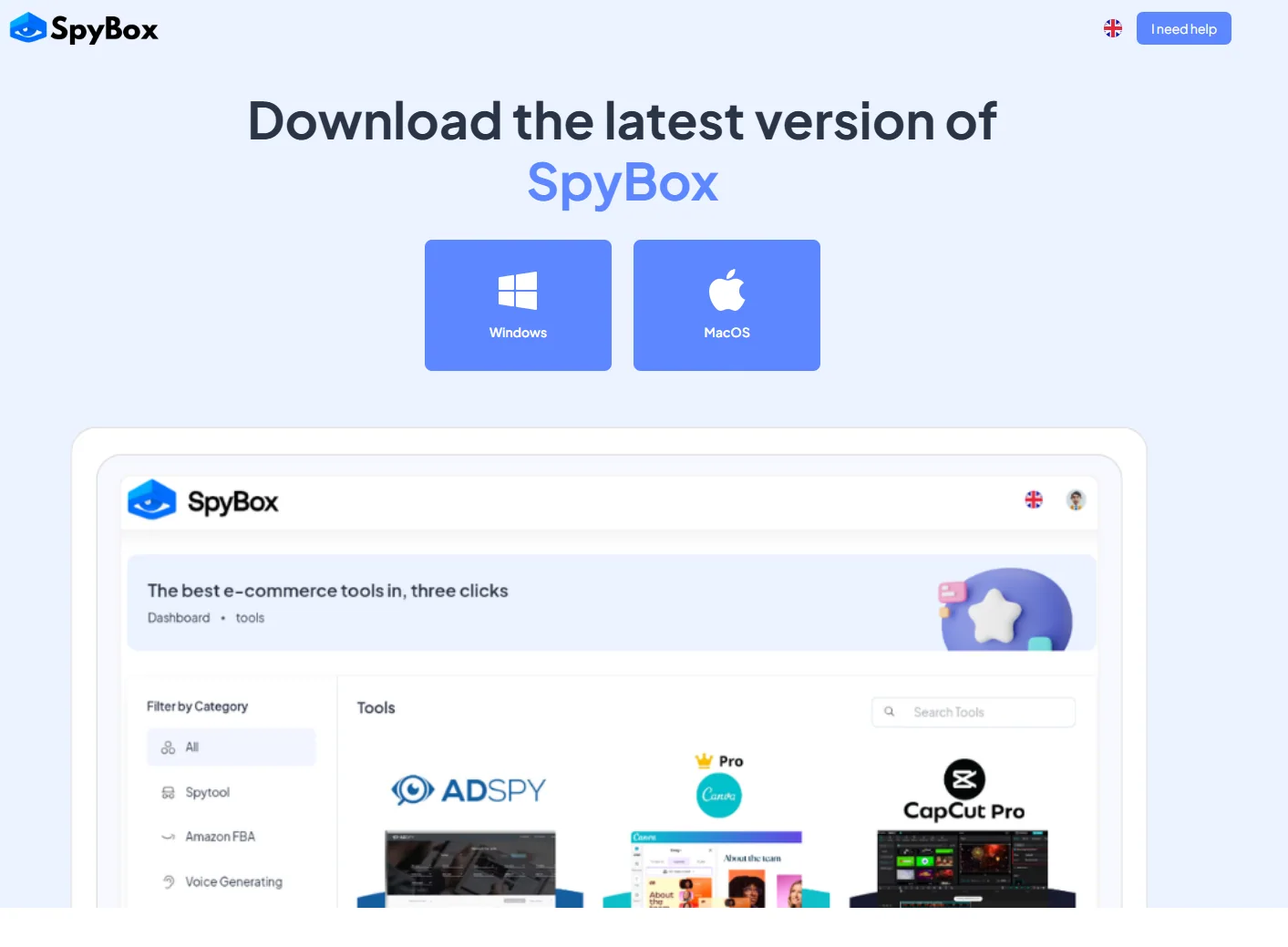 Interface de l'application Spybox présentant plusieurs outils disponibles